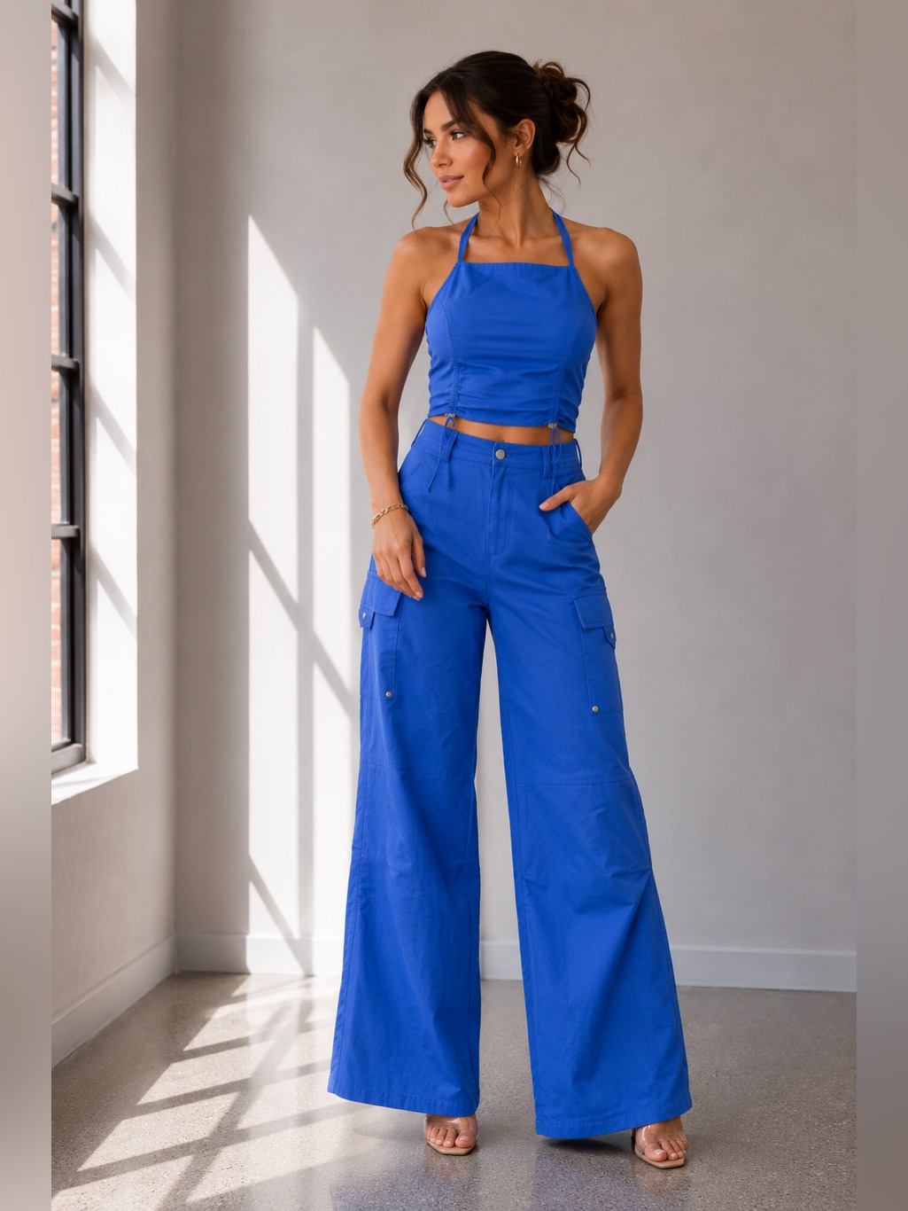 Wide Leg Cargo Pants In Royal Blue - Women